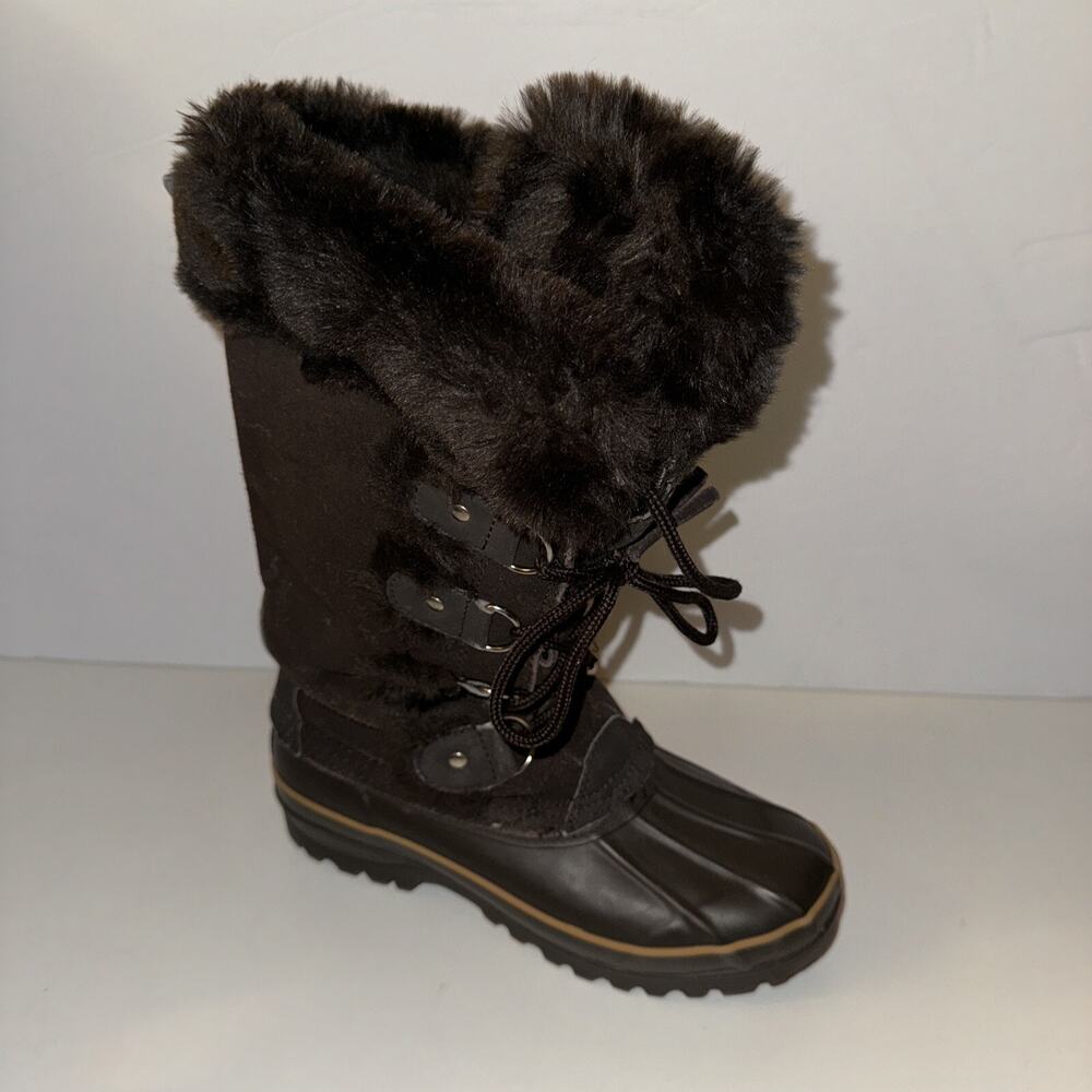 Khombu Womens Size 6 Faux Fur Suede Lace Up Mid Calf Duck Snow Boots Brown